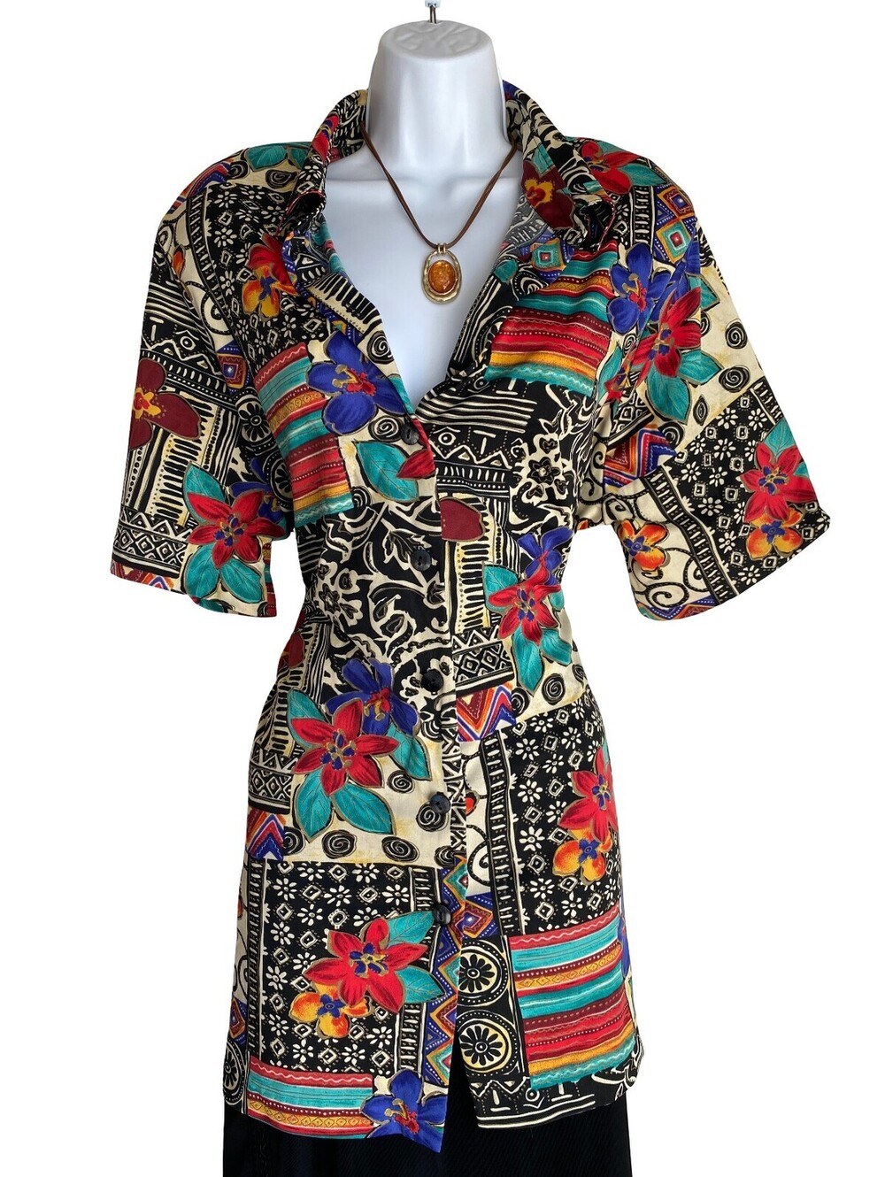 VTG Top Notch Plus 18  Patchwork Floral Boho Festival Short Sleeve Tunic Blouse
